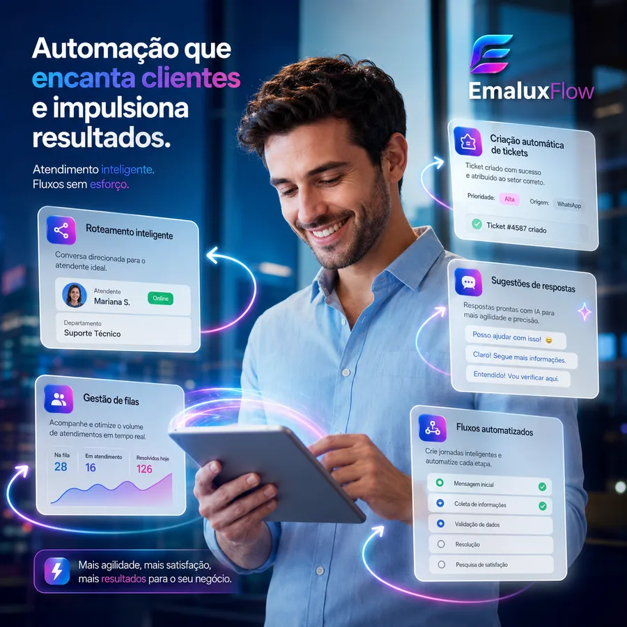 Painel do EmaluxFlow mostrando roteamento inteligente, filas e automações