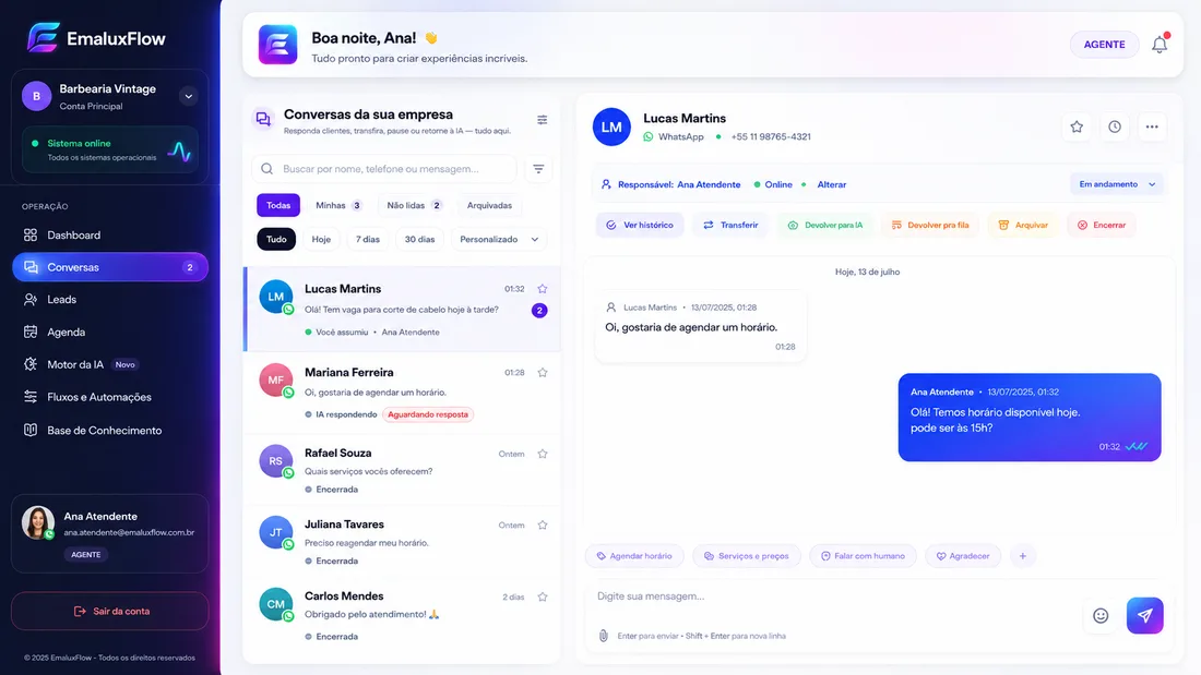 Painel do EmaluxFlow com conversas, leads e atendimento centralizado