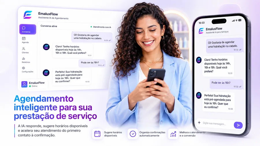 Painel EmaluxFlow e celular mostrando agendamento automático de horário para salão de beleza